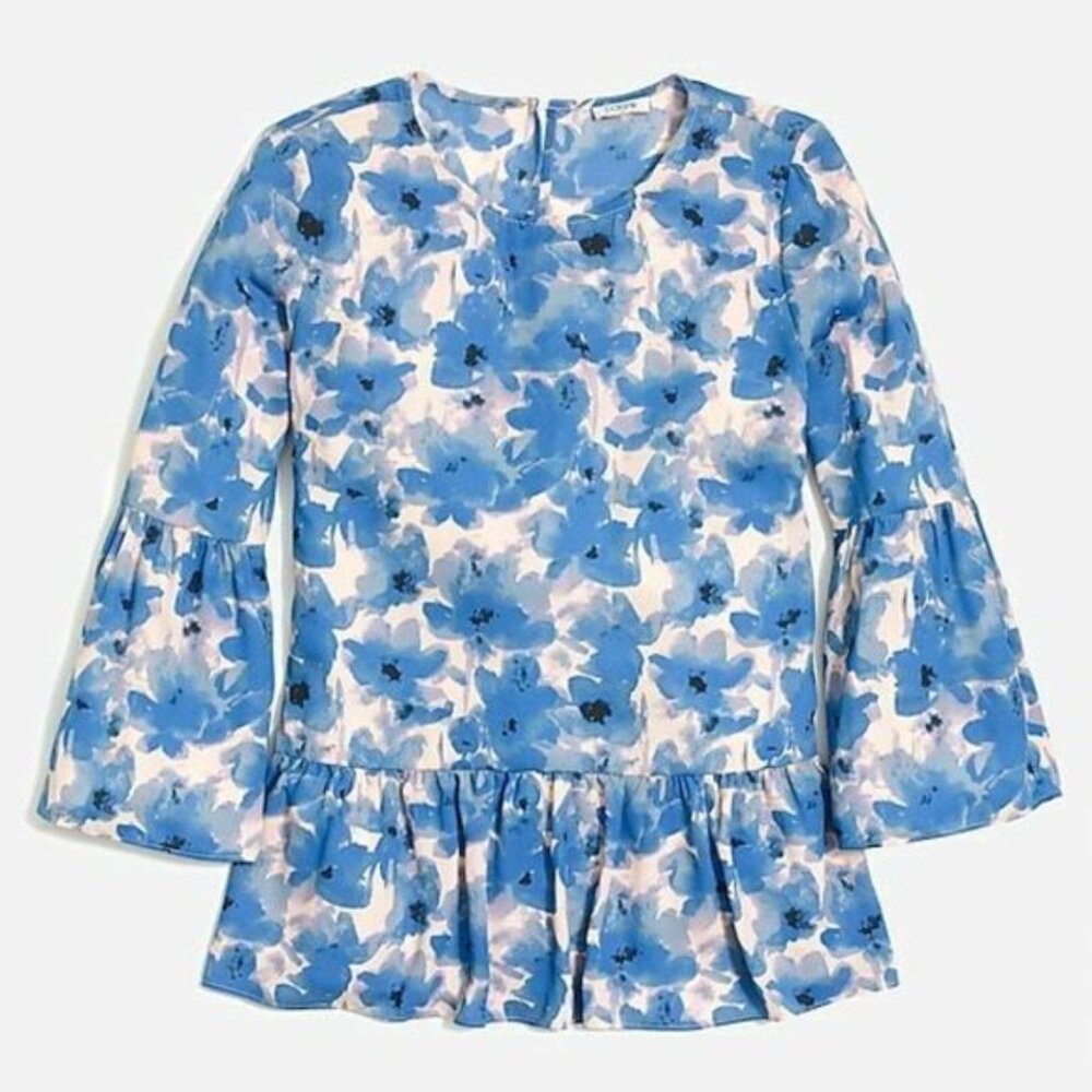 J. Crew Blue White Floral Watercolor Peplum Top Blouse - Picture 2 of 8